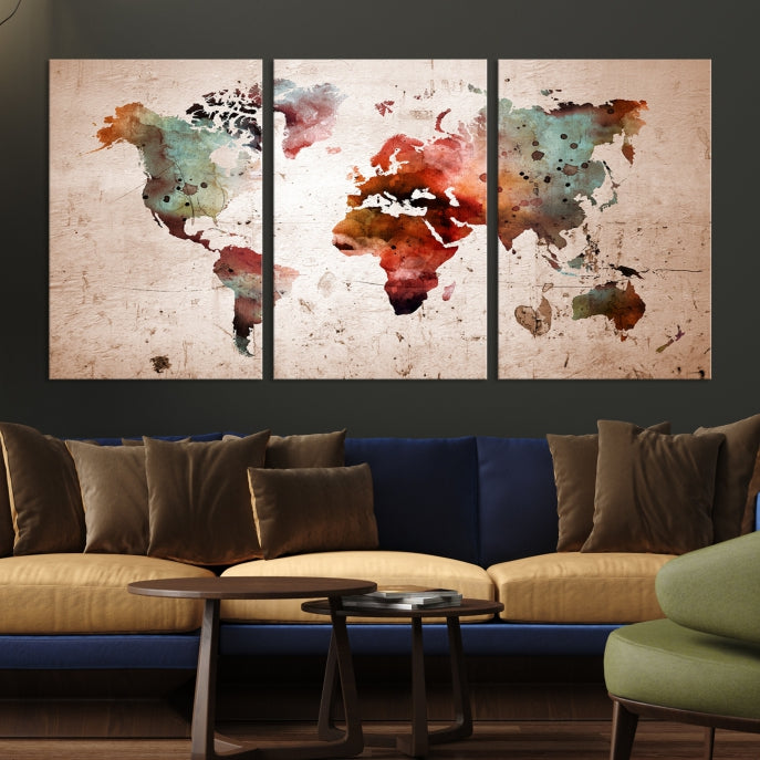 Rustic Watercolor World Map Framed Canvas Wall Art Giclee Print