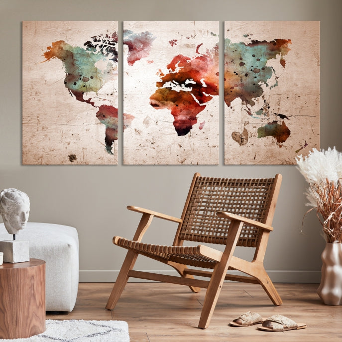 Rustic Watercolor World Map Framed Canvas Wall Art Giclee Print