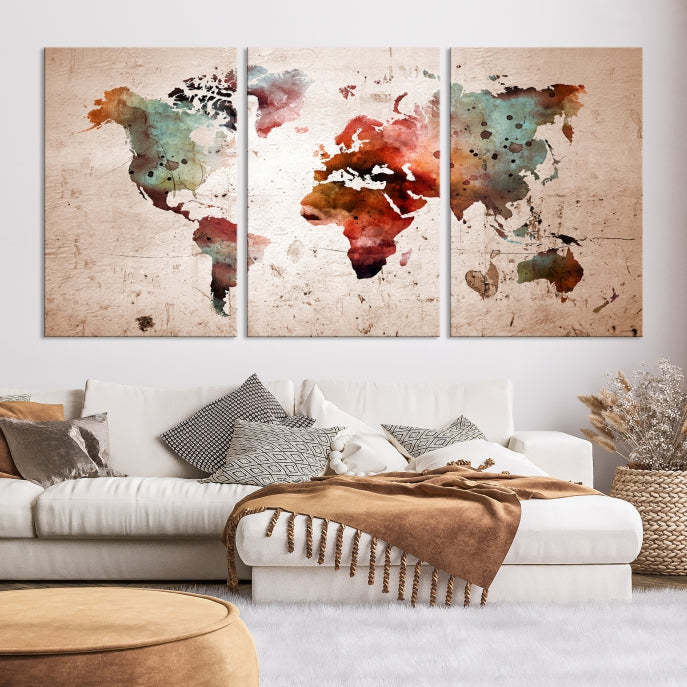 Rustic Watercolor World Map Framed Canvas Wall Art Giclee Print