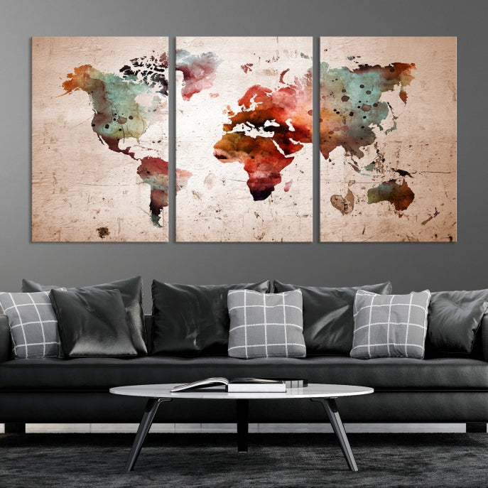 Rustic Watercolor World Map Framed Canvas Wall Art Giclee Print