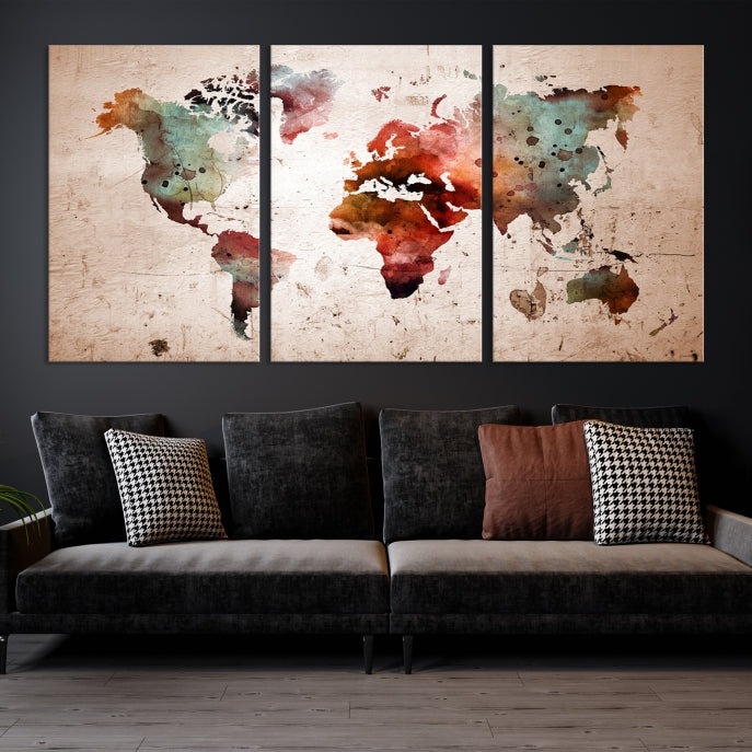 Rustic Watercolor World Map Framed Canvas Wall Art Giclee Print