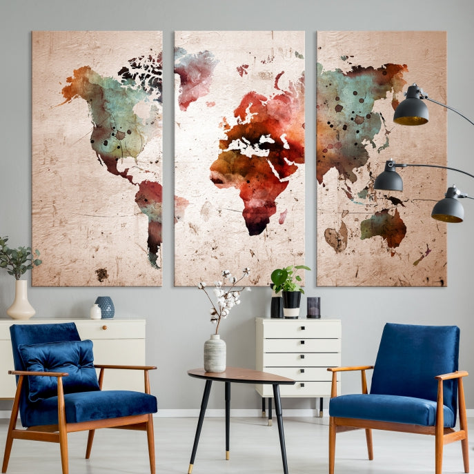 Rustic Watercolor World Map Framed Canvas Wall Art Giclee Print