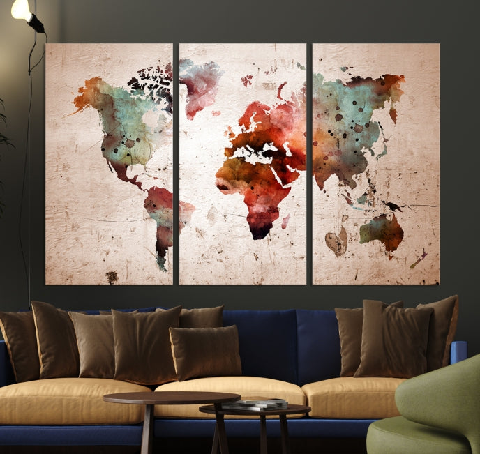 Rustic Watercolor World Map Framed Canvas Wall Art Giclee Print