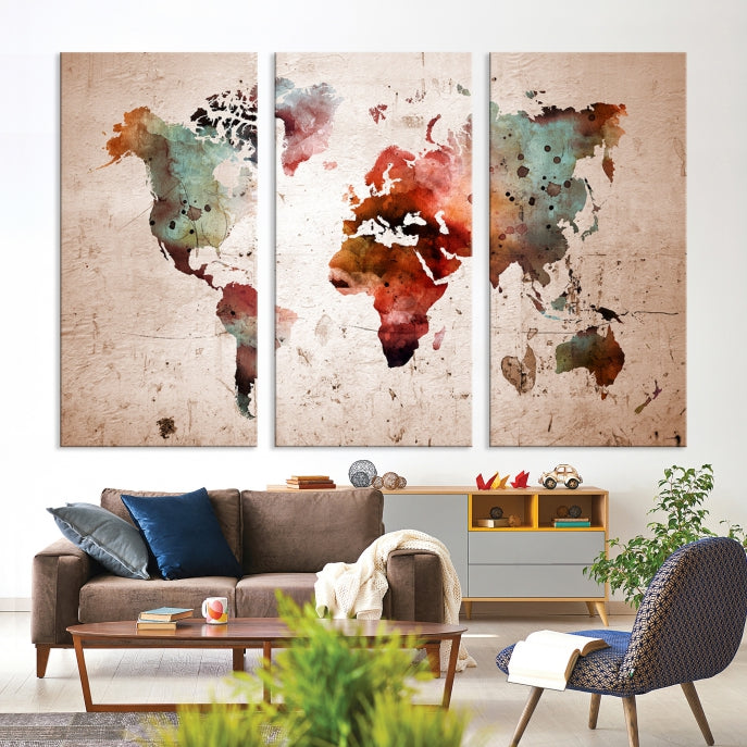 Rustic Watercolor World Map Framed Canvas Wall Art Giclee Print