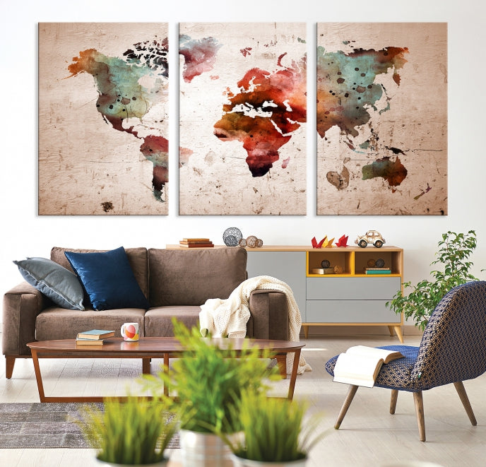 Rustic Watercolor World Map Framed Canvas Wall Art Giclee Print