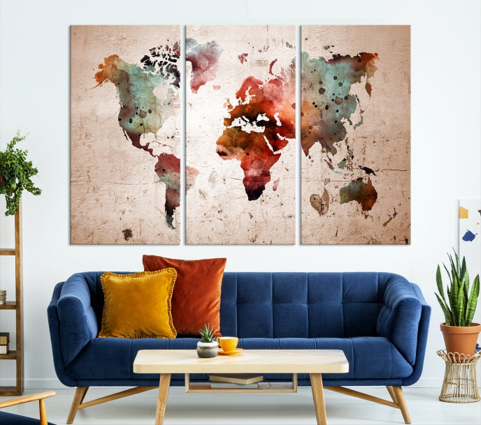 Rustic Watercolor World Map Framed Canvas Wall Art Giclee Print