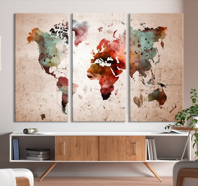 Rustic Watercolor World Map Framed Canvas Wall Art Giclee Print