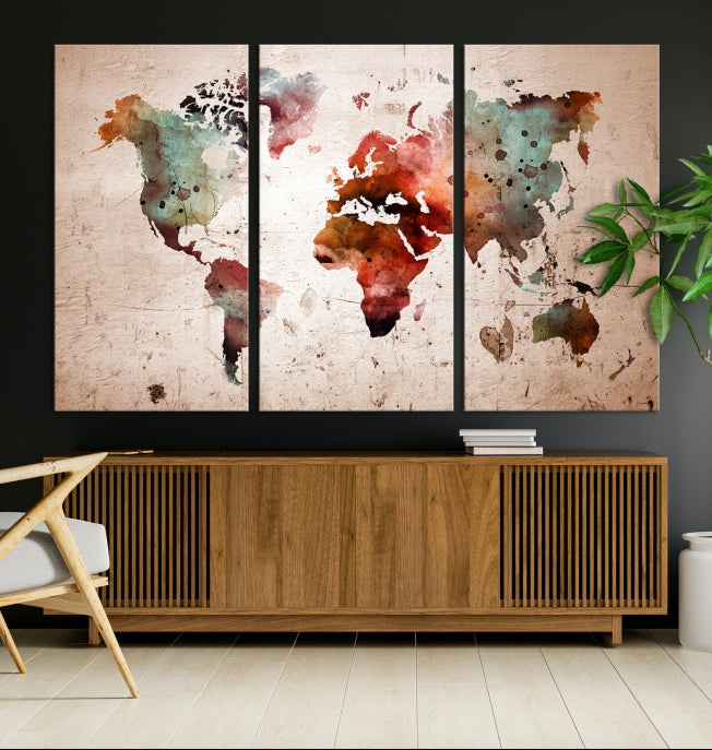 Rustic Watercolor World Map Framed Canvas Wall Art Giclee Print