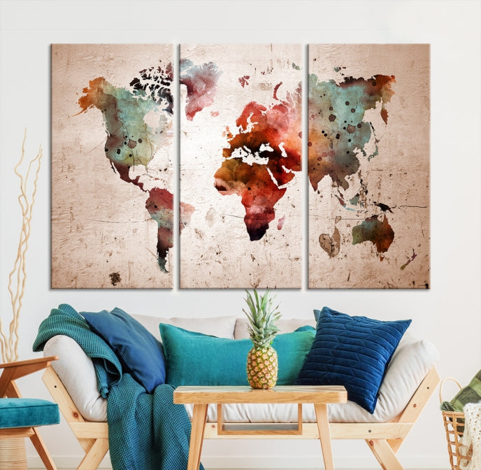 Rustic Watercolor World Map Framed Canvas Wall Art Giclee Print