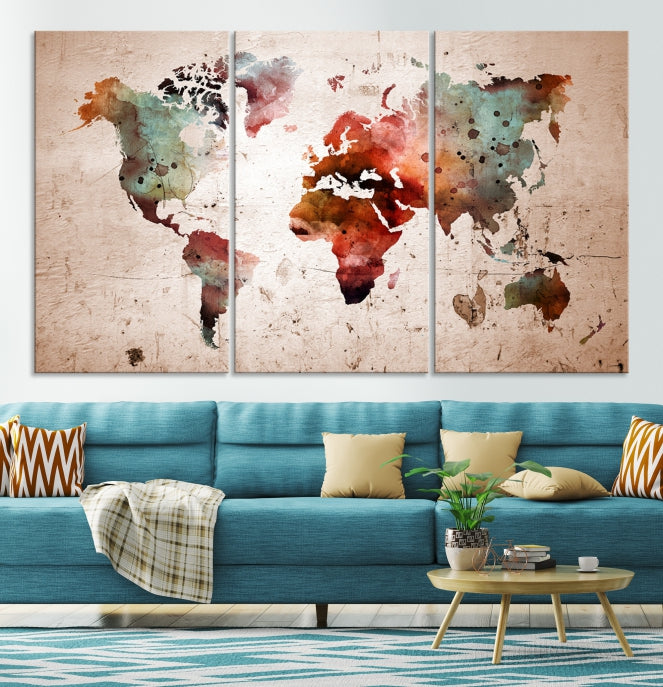 Rustic Watercolor World Map Framed Canvas Wall Art Giclee Print