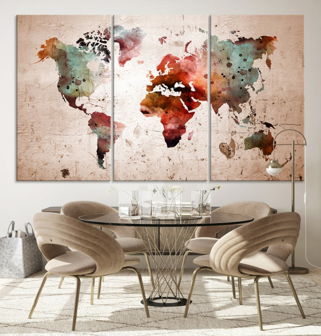 Rustic Watercolor World Map Framed Canvas Wall Art Giclee Print