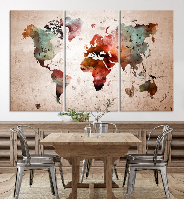 Rustic Watercolor World Map Framed Canvas Wall Art Giclee Print