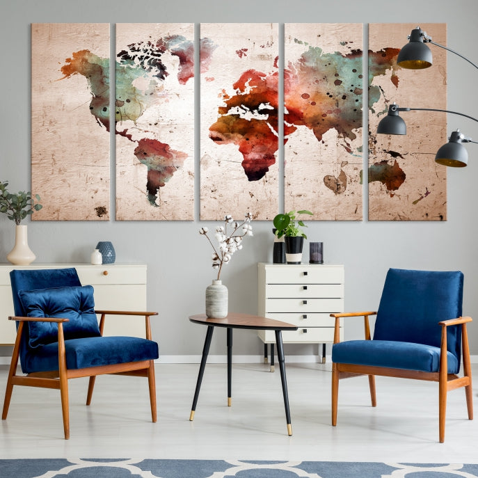 Rustic Watercolor World Map Framed Canvas Wall Art Giclee Print