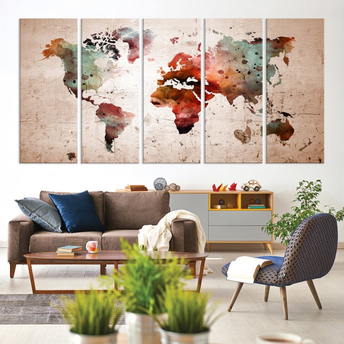 Rustic Watercolor World Map Framed Canvas Wall Art Giclee Print