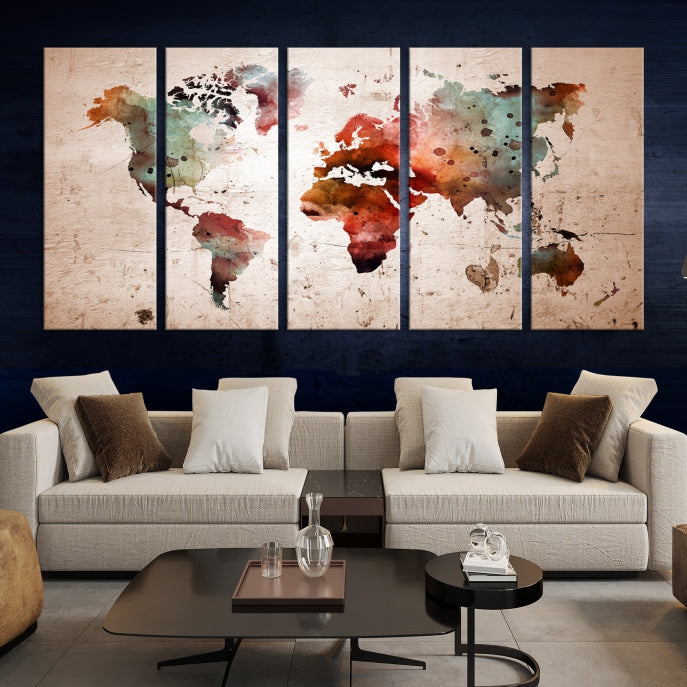 Rustic Watercolor World Map Framed Canvas Wall Art Giclee Print