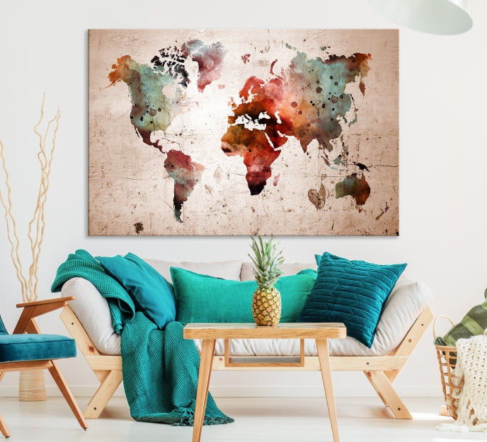 Rustic Watercolor World Map Framed Canvas Wall Art Giclee Print