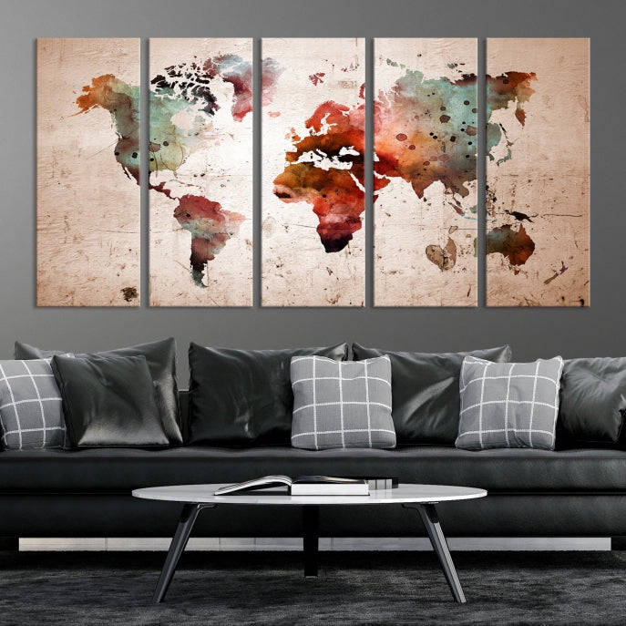 Rustic Watercolor World Map Framed Canvas Wall Art Giclee Print