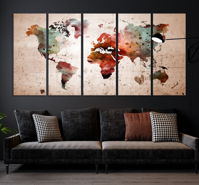 Rustic Watercolor World Map Framed Canvas Wall Art Giclee Print