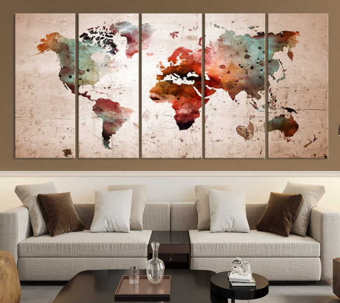 Rustic Watercolor World Map Framed Canvas Wall Art Giclee Print