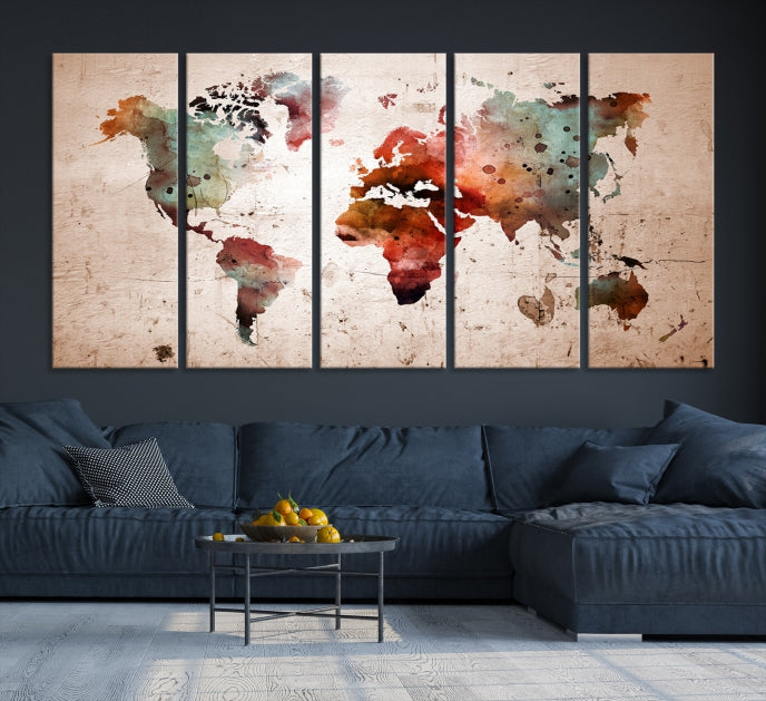 Rustic Watercolor World Map Framed Canvas Wall Art Giclee Print