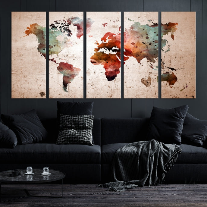 Rustic Watercolor World Map Framed Canvas Wall Art Giclee Print