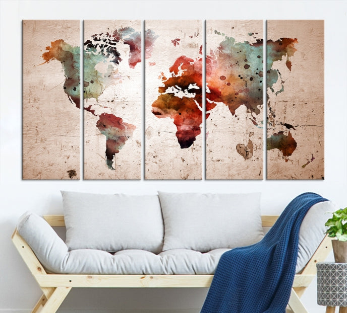 Rustic Watercolor World Map Framed Canvas Wall Art Giclee Print