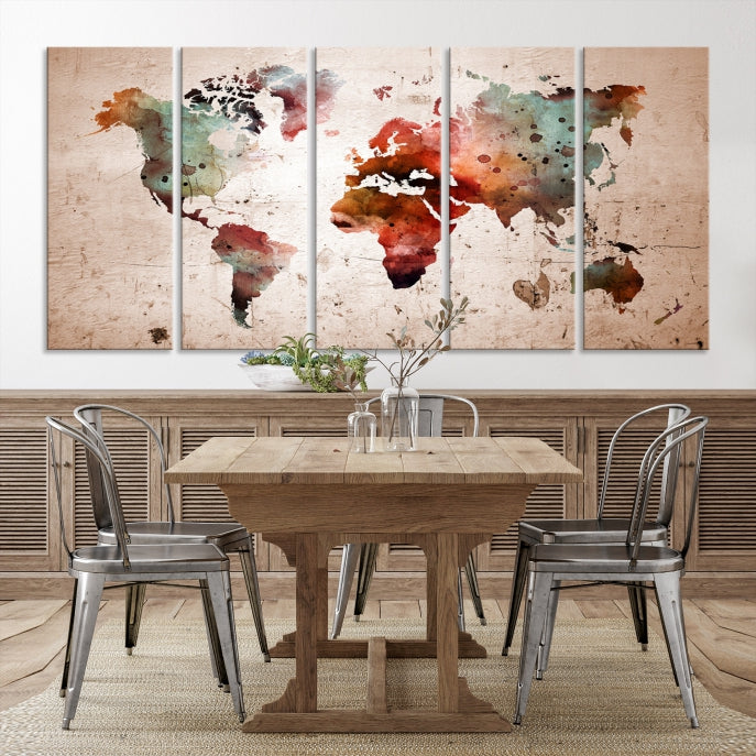 Rustic Watercolor World Map Framed Canvas Wall Art Giclee Print