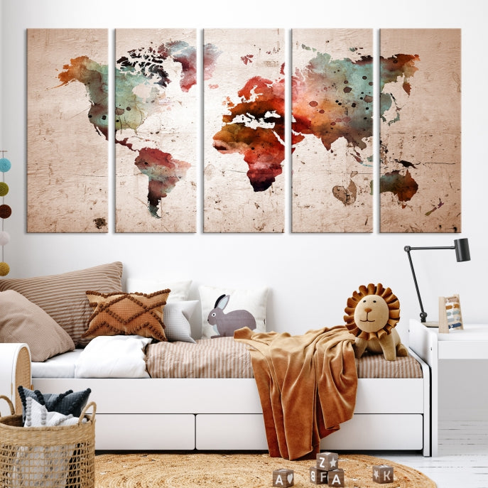 Rustic Watercolor World Map Framed Canvas Wall Art Giclee Print