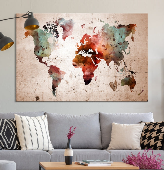 Rustic Watercolor World Map Framed Canvas Wall Art Giclee Print