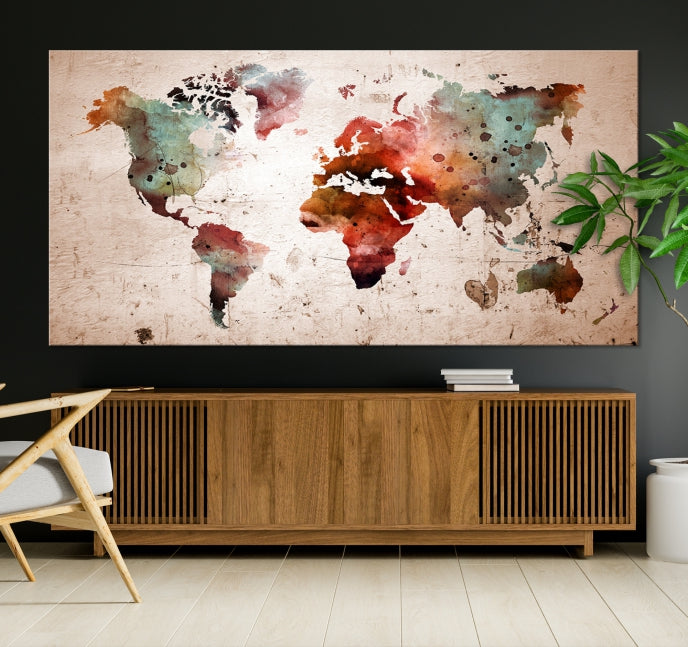 Rustic Watercolor World Map Framed Canvas Wall Art Giclee Print