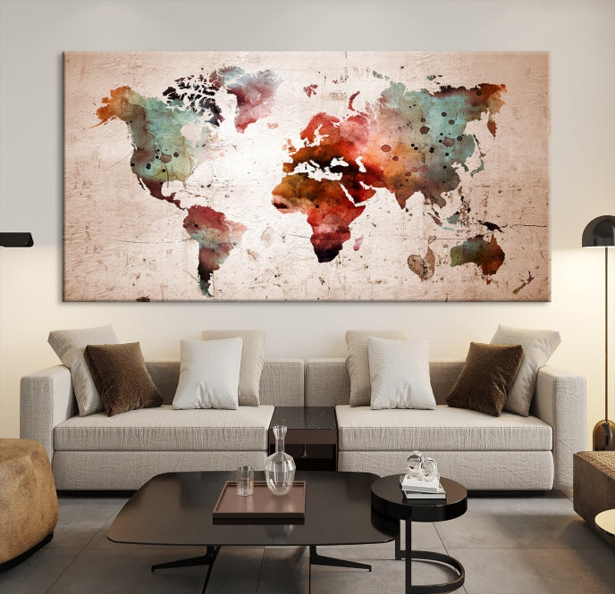 Rustic Watercolor World Map Framed Canvas Wall Art Giclee Print