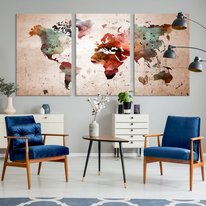 Rustic Watercolor World Map Framed Canvas Wall Art Giclee Print