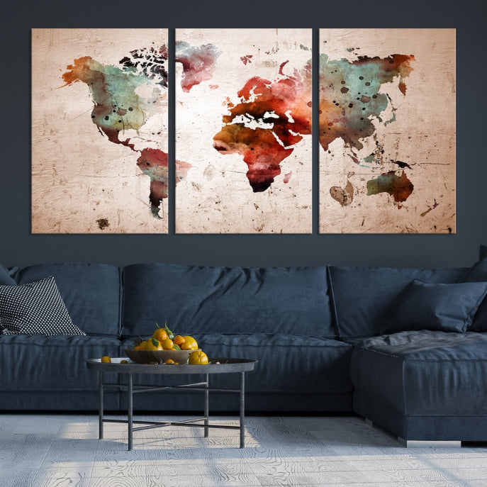 Rustic Watercolor World Map Framed Canvas Wall Art Giclee Print