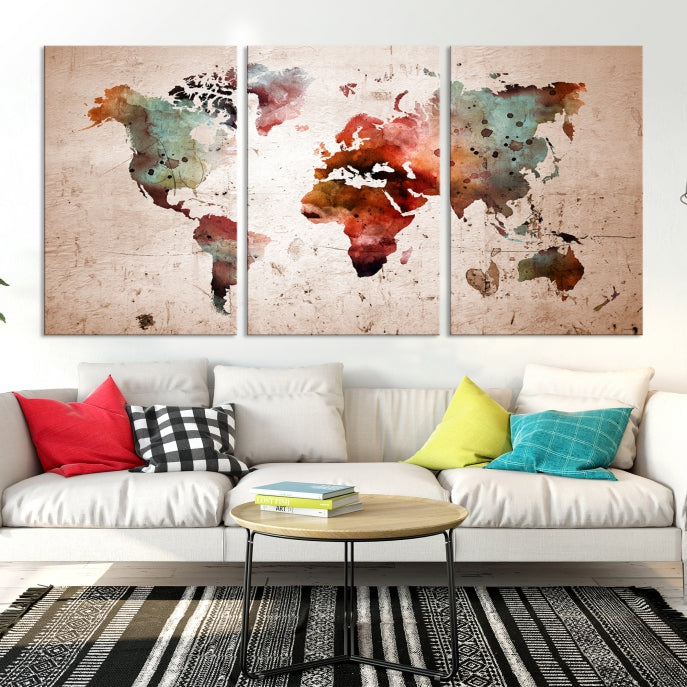 Rustic Watercolor World Map Framed Canvas Wall Art Giclee Print