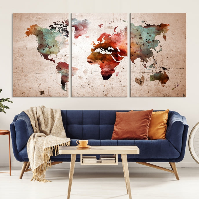 Rustic Watercolor World Map Framed Canvas Wall Art Giclee Print