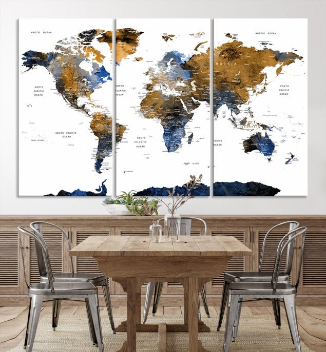 Blue Brown World Map Large Canvas Print