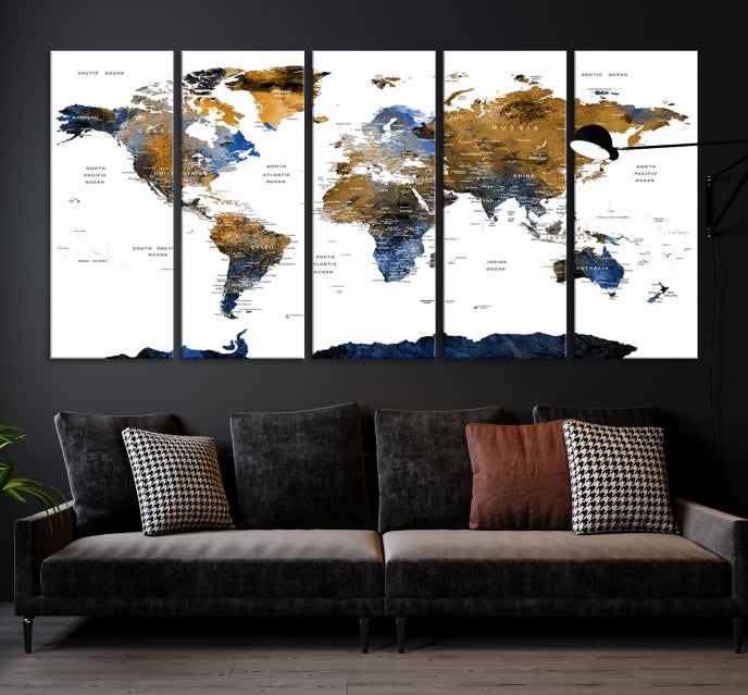 Blue Brown World Map Large Canvas Print