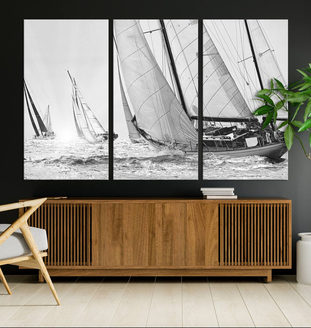 Sailboat print Yacht Regatta canvas wall art Yacht wall decor Seascape Art Sailing Ship Black White extra large wall art Sailing Regatta