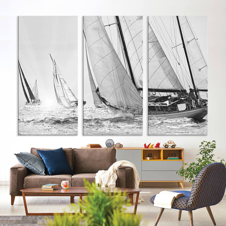 Sailboat print Yacht Regatta canvas wall art Yacht wall decor Seascape Art Sailing Ship Black White extra large wall art Sailing Regatta