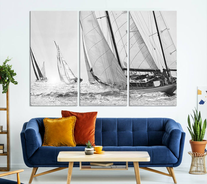 Sailboat print Yacht Regatta canvas wall art Yacht wall decor Seascape Art Sailing Ship Black White extra large wall art Sailing Regatta