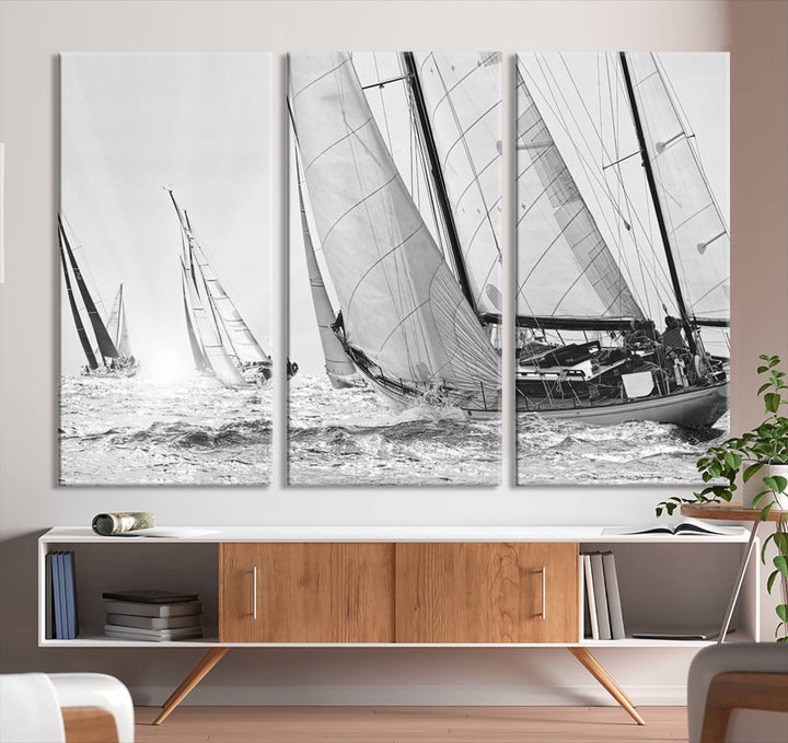 Sailboat print Yacht Regatta canvas wall art Yacht wall decor Seascape Art Sailing Ship Black White extra large wall art Sailing Regatta