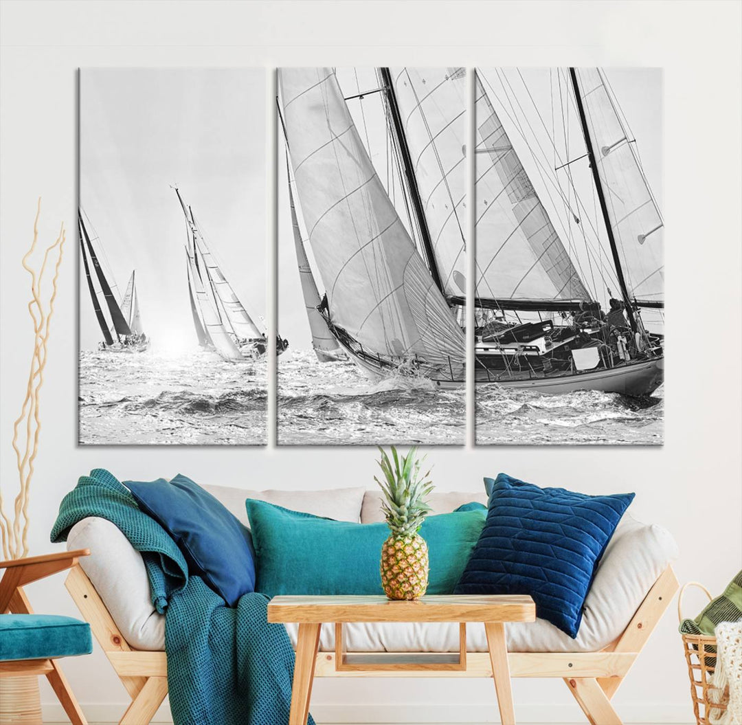 Sailboat print Yacht Regatta canvas wall art Yacht wall decor Seascape Art Sailing Ship Black White extra large wall art Sailing Regatta