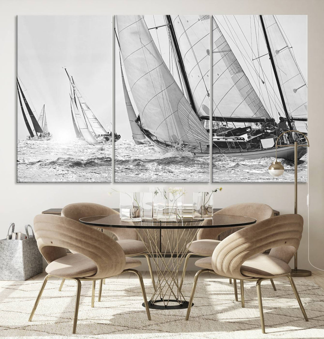 Sailboat print Yacht Regatta canvas wall art Yacht wall decor Seascape Art Sailing Ship Black White extra large wall art Sailing Regatta