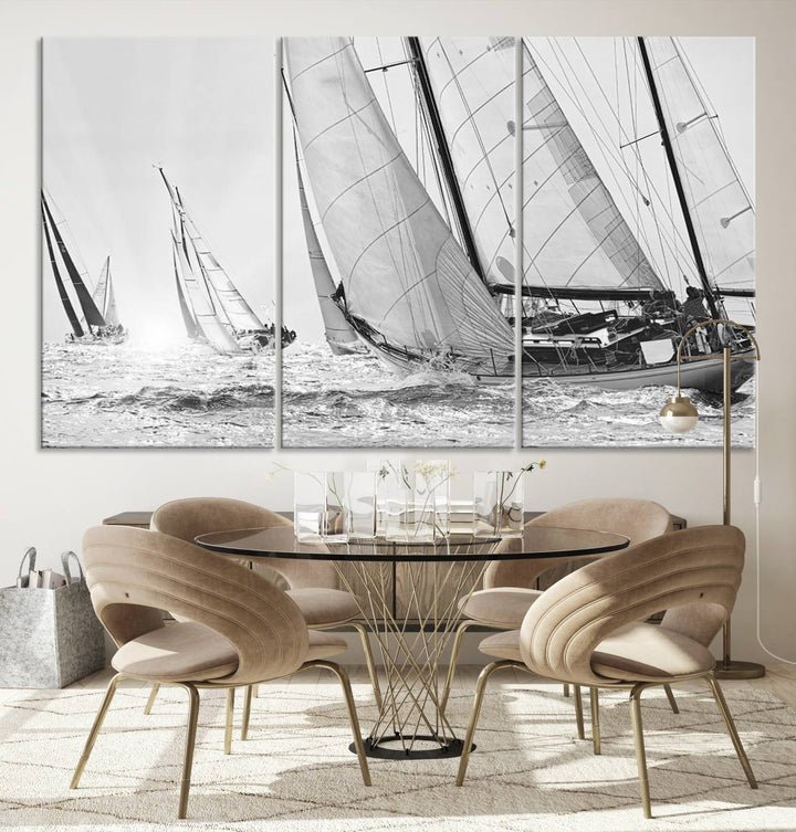 Sailboat print Yacht Regatta canvas wall art Yacht wall decor Seascape Art Sailing Ship Black White extra large wall art Sailing Regatta