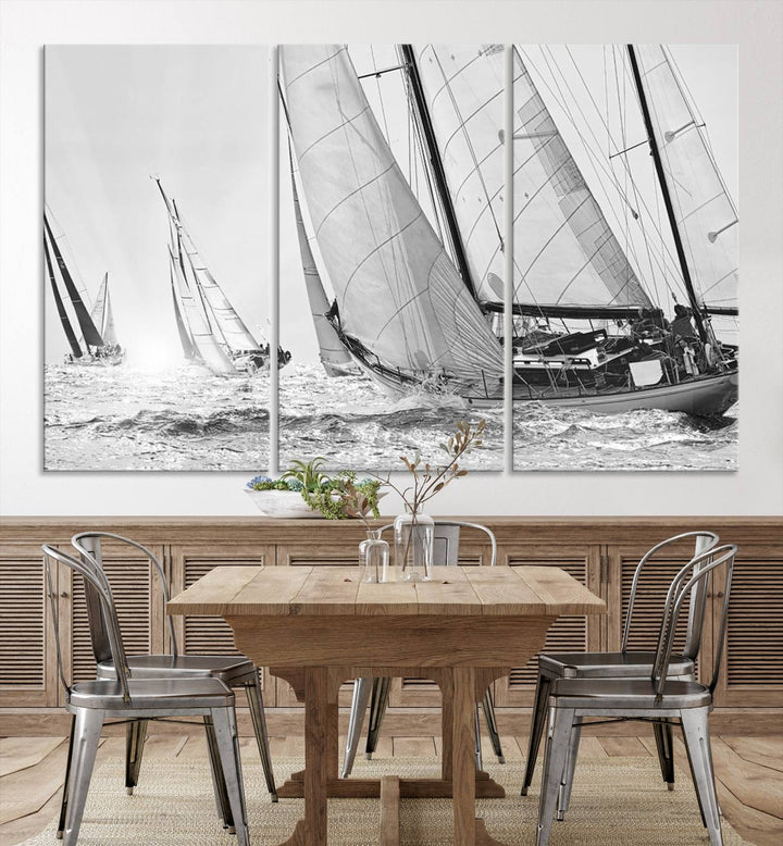 Sailboat print Yacht Regatta canvas wall art Yacht wall decor Seascape Art Sailing Ship Black White extra large wall art Sailing Regatta