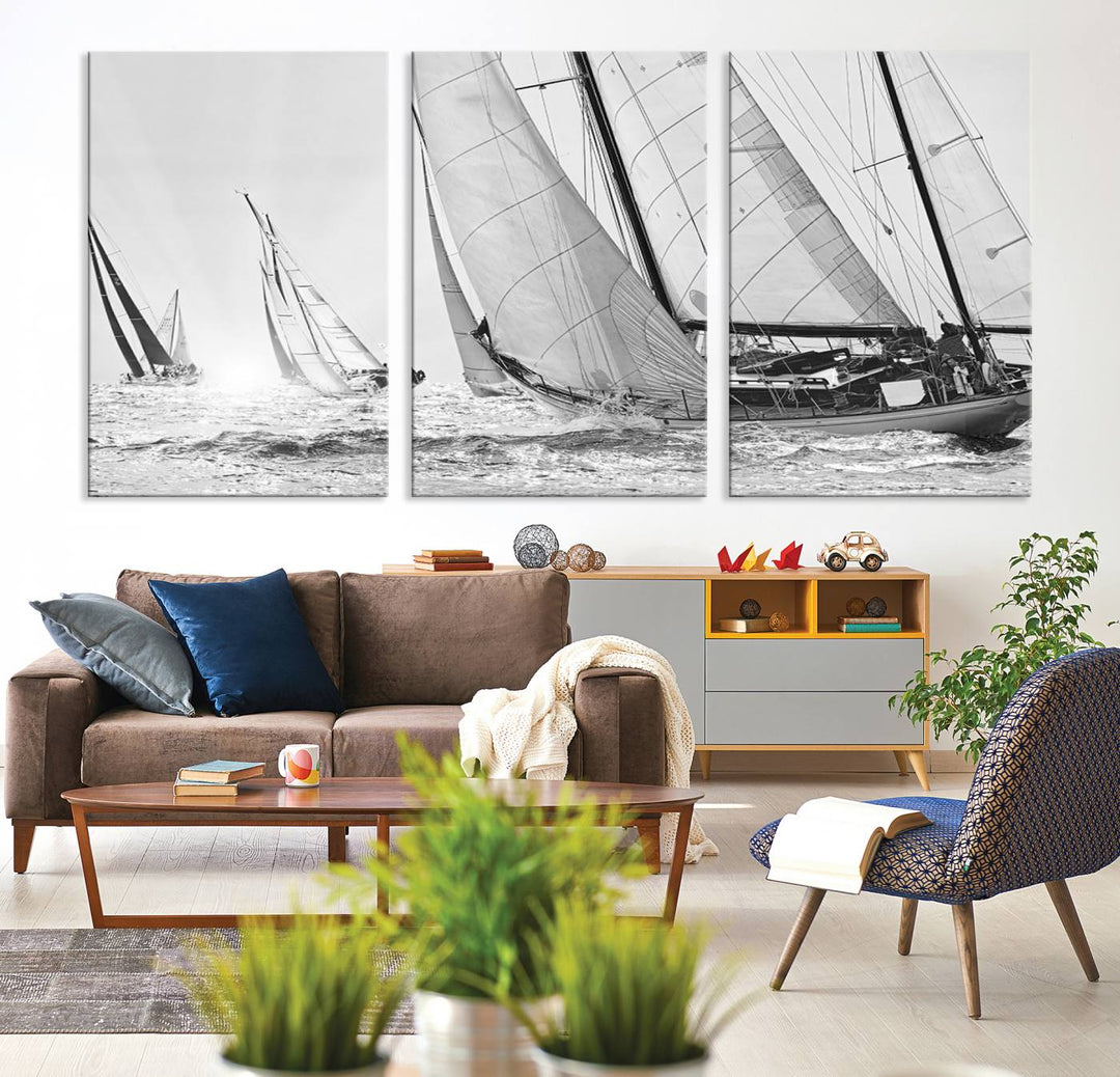 Sailboat print Yacht Regatta canvas wall art Yacht wall decor Seascape Art Sailing Ship Black White extra large wall art Sailing Regatta