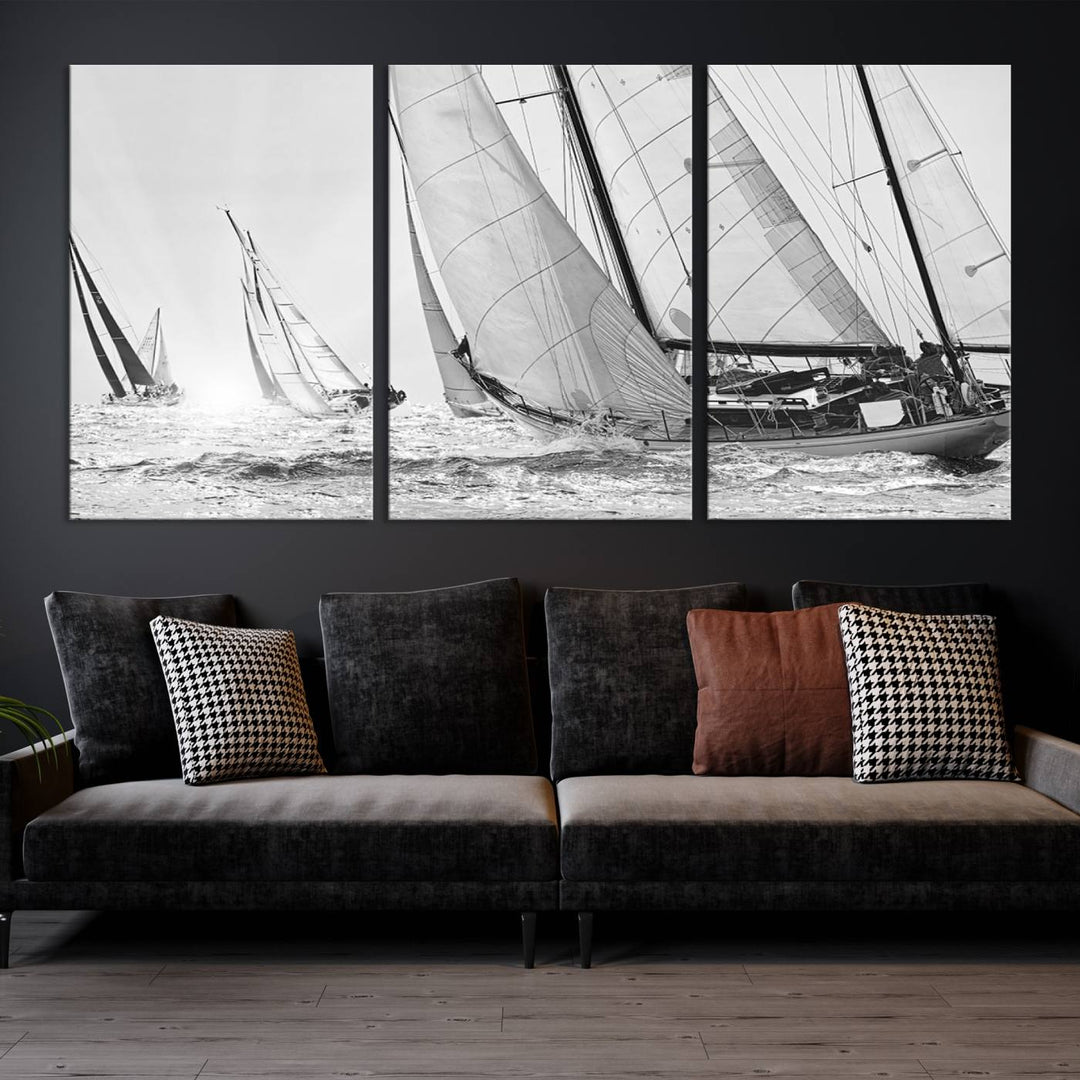 Sailboat print Yacht Regatta canvas wall art Yacht wall decor Seascape Art Sailing Ship Black White extra large wall art Sailing Regatta