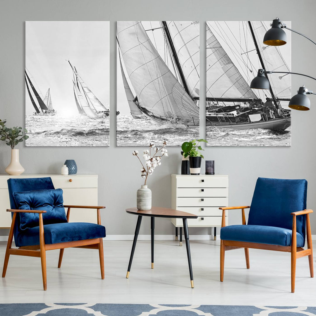 Sailboat print Yacht Regatta canvas wall art Yacht wall decor Seascape Art Sailing Ship Black White extra large wall art Sailing Regatta