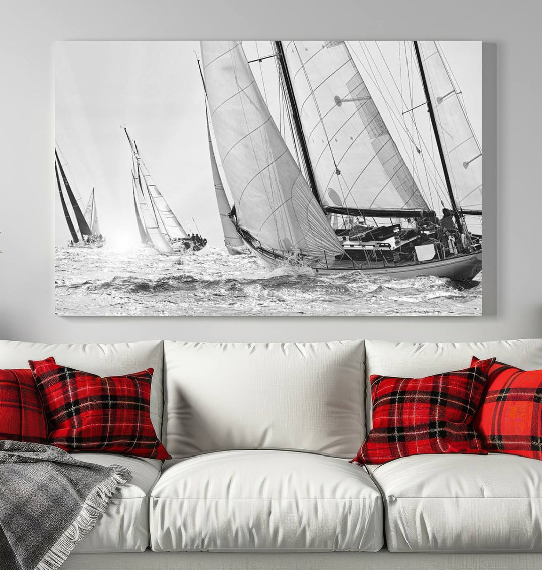 Sailboat print Yacht Regatta canvas wall art Yacht wall decor Seascape Art Sailing Ship Black White extra large wall art Sailing Regatta