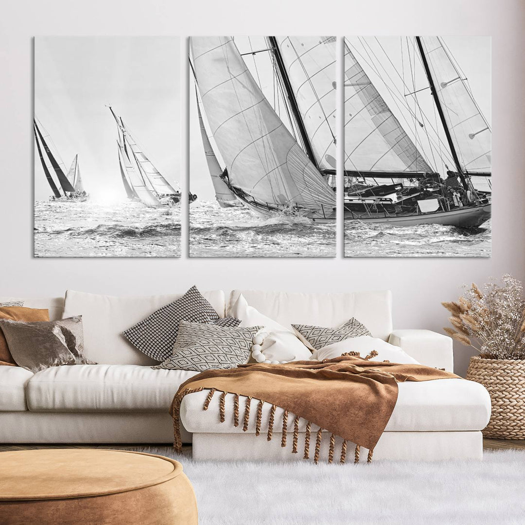 Sailboat print Yacht Regatta canvas wall art Yacht wall decor Seascape Art Sailing Ship Black White extra large wall art Sailing Regatta